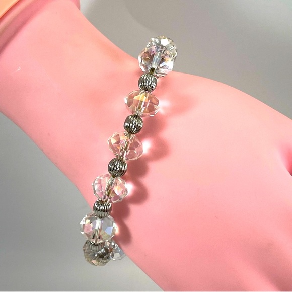 DIAMOND White Crystals Glass Rondell Faceted Beaded Silver Tone Bracelet Stretch